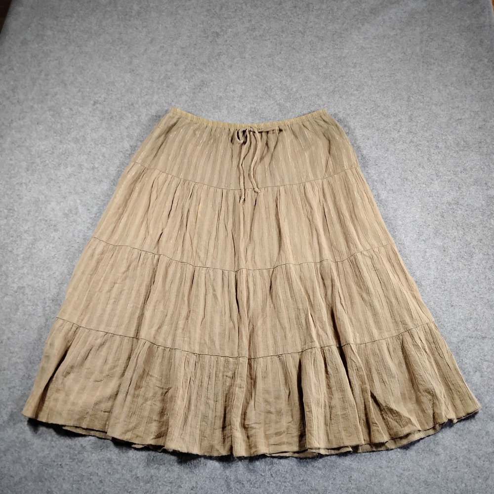 JKLA California Womens Tan Tiered Cotton Midi Skirt Metallic Stripe Large boho